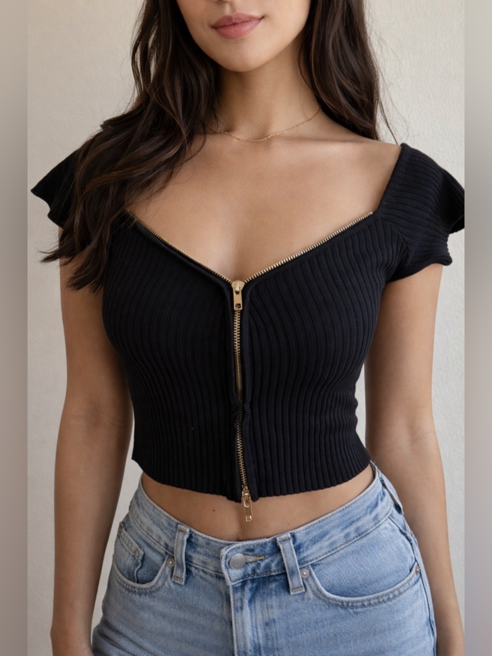 HERA COLLECTION || Black Ribbed Zip-Front Off-Shoulder Crop Top. Sz. M